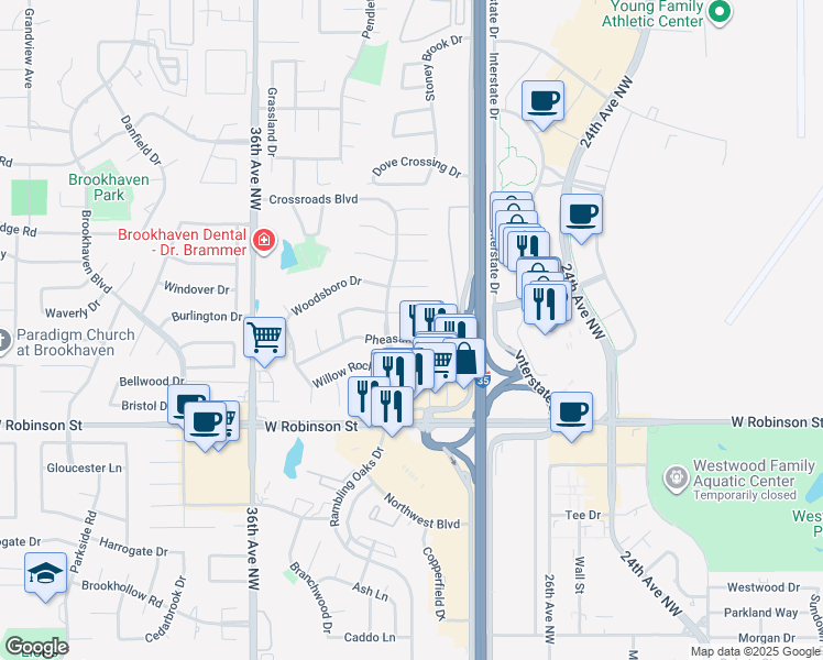 map of restaurants, bars, coffee shops, grocery stores, and more near 3113 Greenwood Court in Norman