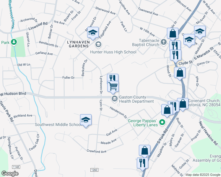 map of restaurants, bars, coffee shops, grocery stores, and more near 1024 West Hudson Boulevard in Gastonia