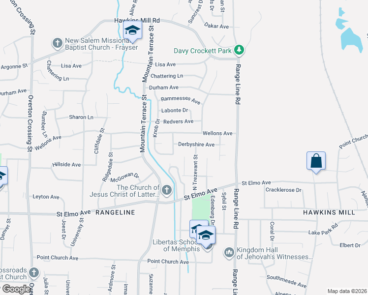 map of restaurants, bars, coffee shops, grocery stores, and more near 2494 Derbyshire Avenue in Memphis