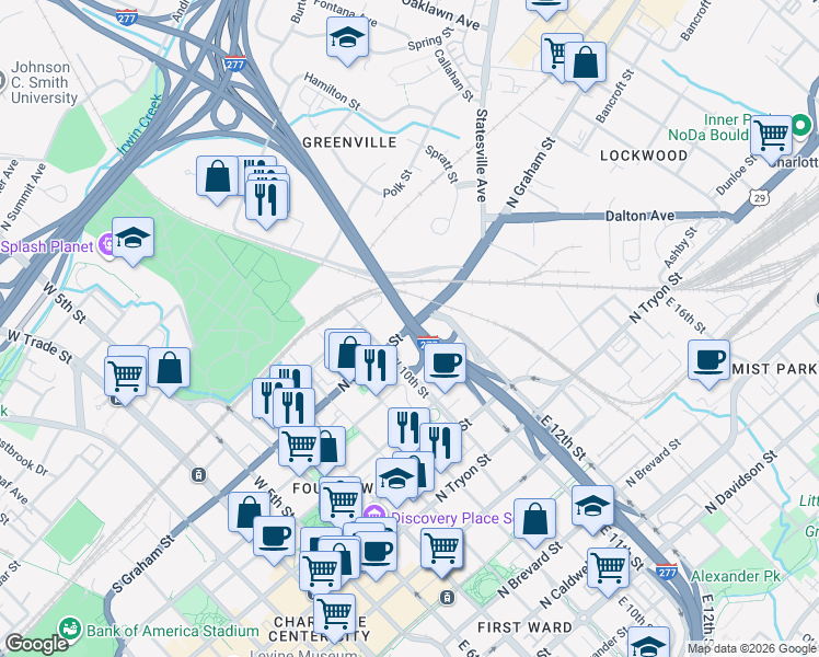 map of restaurants, bars, coffee shops, grocery stores, and more near North Graham Street in Charlotte
