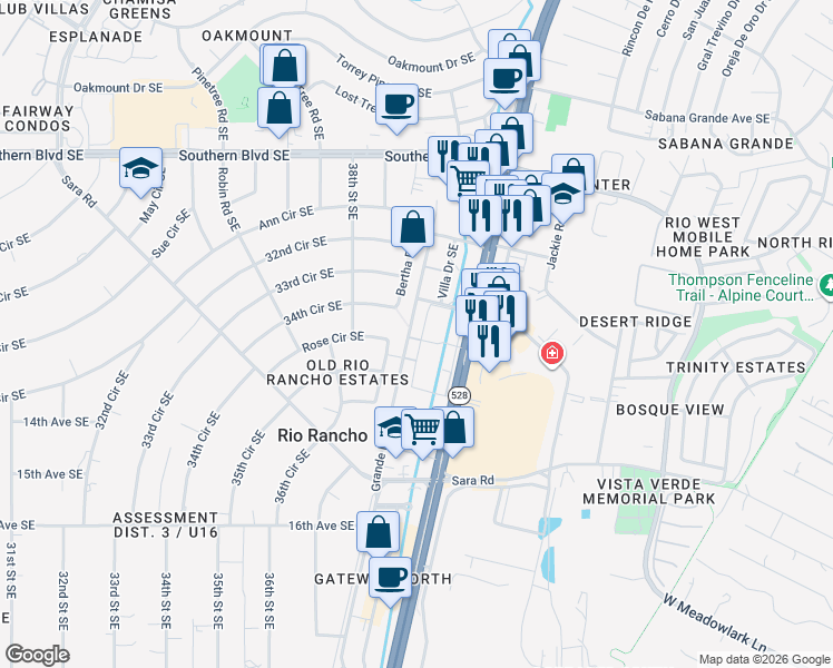 map of restaurants, bars, coffee shops, grocery stores, and more near 1303 Villa Drive Southeast in Rio Rancho