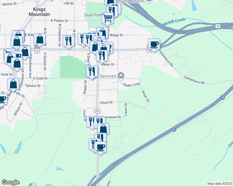 map of restaurants, bars, coffee shops, grocery stores, and more near 312 South Oriental Avenue in Kings Mountain