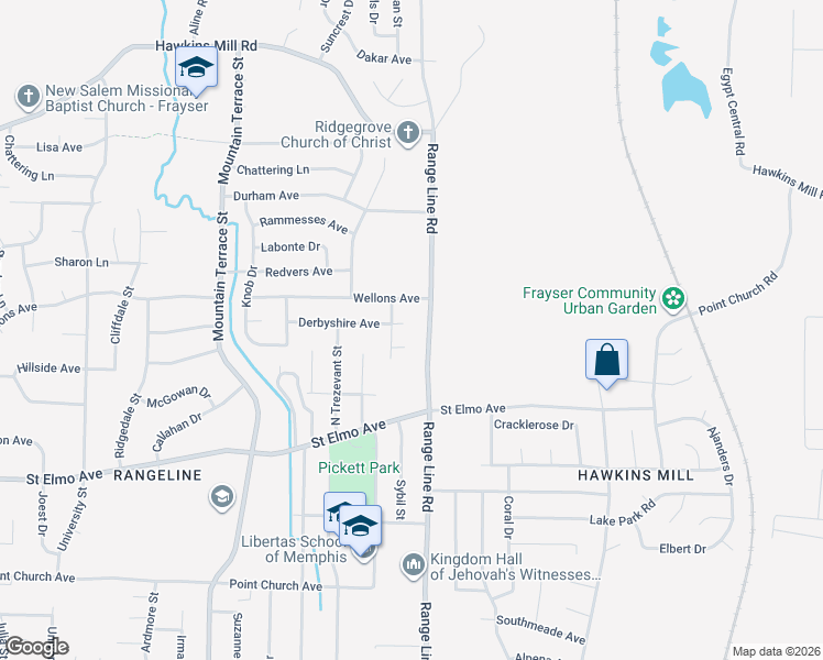 map of restaurants, bars, coffee shops, grocery stores, and more near 2624 Derbyshire Avenue in Memphis