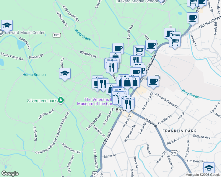 map of restaurants, bars, coffee shops, grocery stores, and more near 170 West Probart Street in Brevard