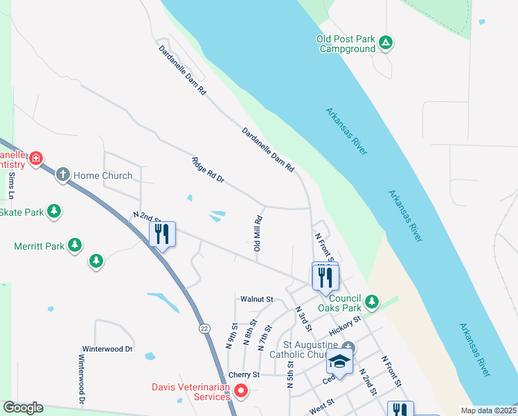 map of restaurants, bars, coffee shops, grocery stores, and more near 217 Old Mill Road in Dardanelle