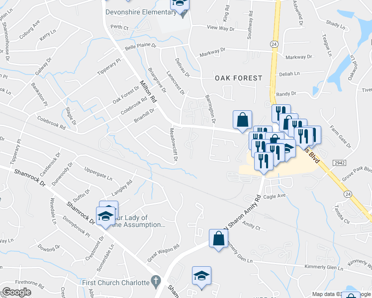 map of restaurants, bars, coffee shops, grocery stores, and more near 7126 Village Green Drive in Charlotte