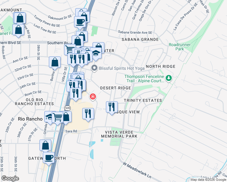 map of restaurants, bars, coffee shops, grocery stores, and more near 1309 Desert Ridge Drive Southeast in Rio Rancho