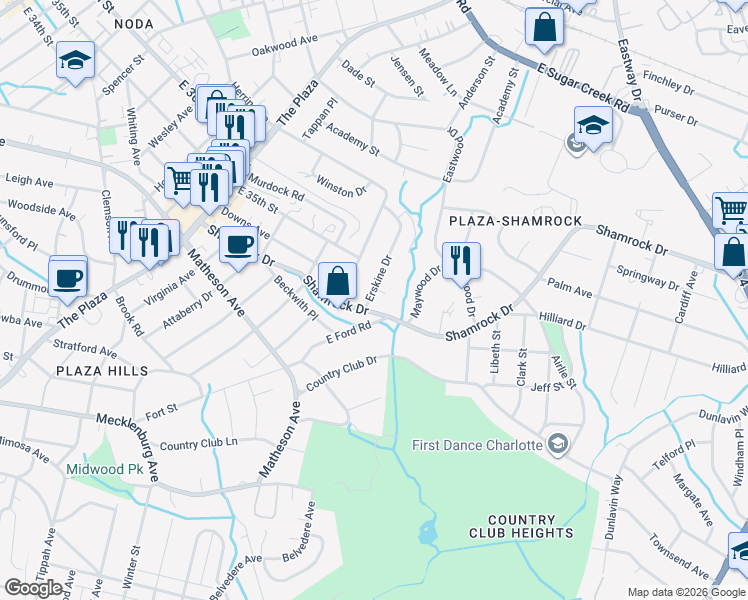 map of restaurants, bars, coffee shops, grocery stores, and more near 3125 Erskine Drive in Charlotte