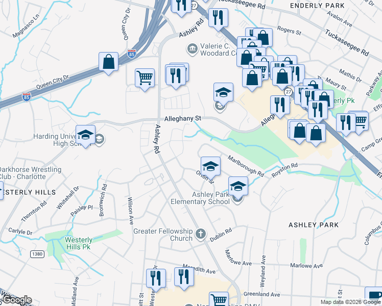 map of restaurants, bars, coffee shops, grocery stores, and more near 1938 Manteo Court in Charlotte