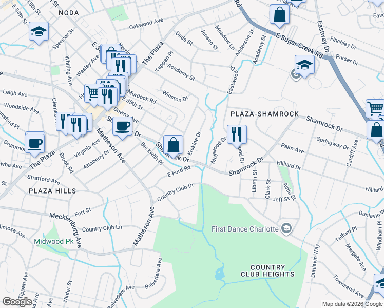 map of restaurants, bars, coffee shops, grocery stores, and more near 3125 Erskine Drive in Charlotte