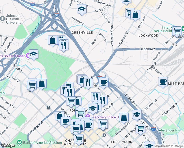 map of restaurants, bars, coffee shops, grocery stores, and more near 825 North Graham Street in Charlotte
