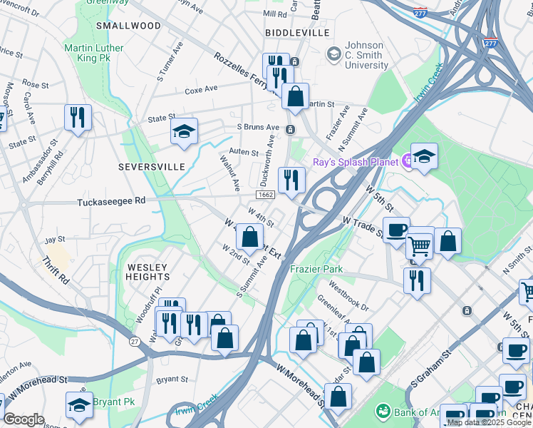 map of restaurants, bars, coffee shops, grocery stores, and more near 1539 Walnut View Drive in Charlotte