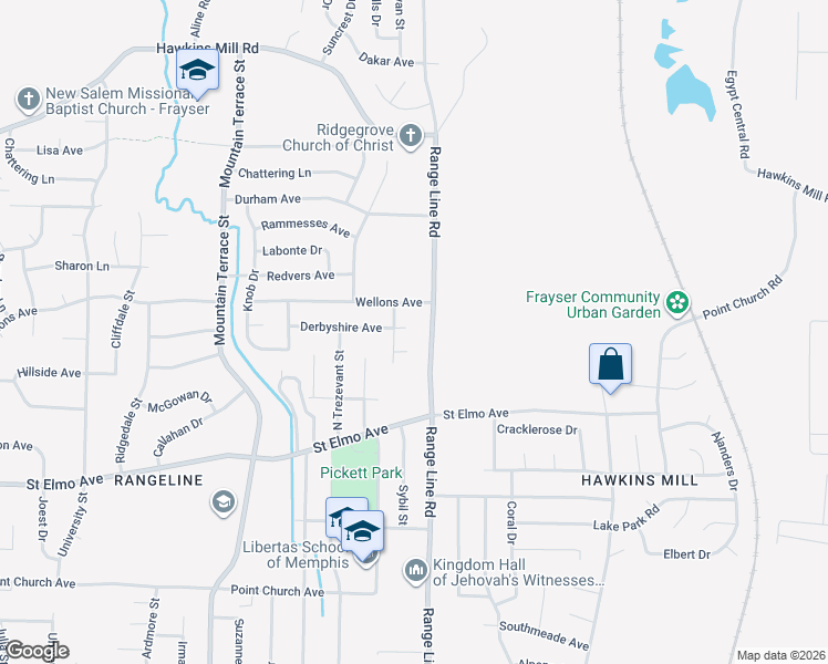 map of restaurants, bars, coffee shops, grocery stores, and more near 2624 Derbyshire Avenue in Memphis