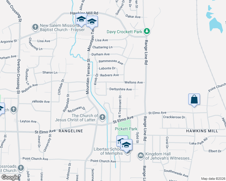 map of restaurants, bars, coffee shops, grocery stores, and more near 2494 Derbyshire Avenue in Memphis