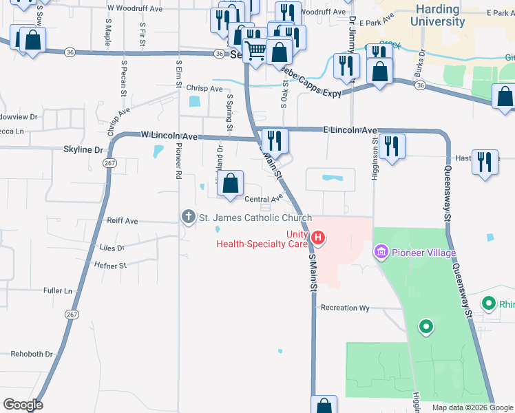 map of restaurants, bars, coffee shops, grocery stores, and more near 118 Central Avenue in Searcy