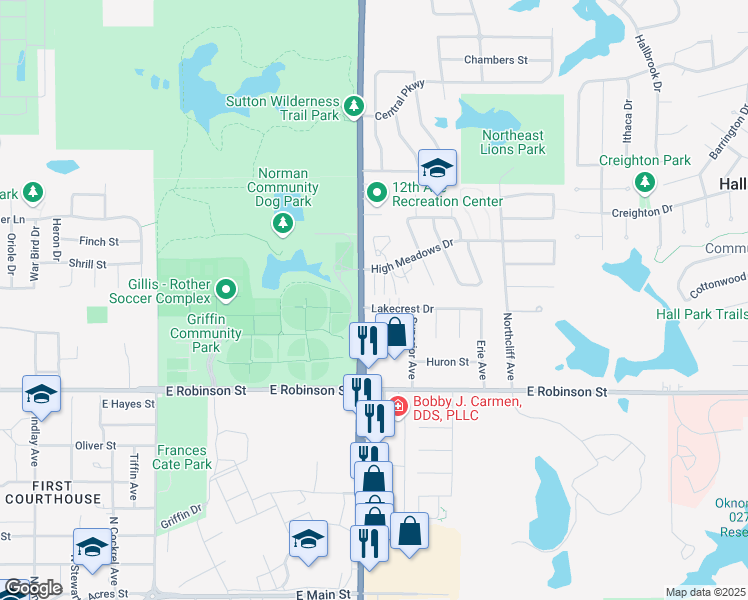 map of restaurants, bars, coffee shops, grocery stores, and more near 1210 High Meadows Drive in Norman