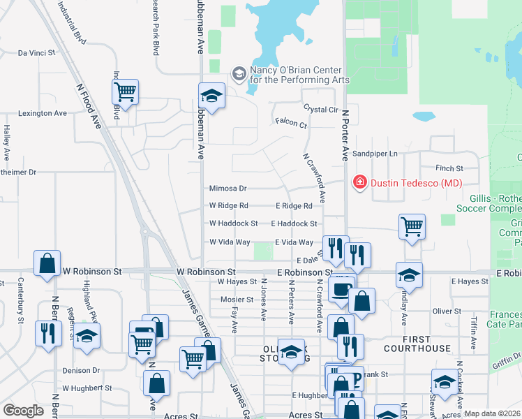 map of restaurants, bars, coffee shops, grocery stores, and more near 102 West Ridge Road in Norman