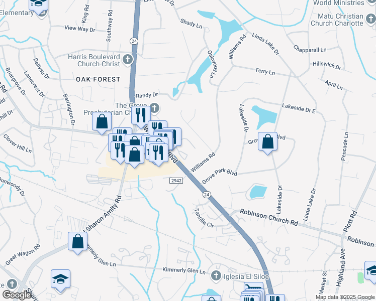 map of restaurants, bars, coffee shops, grocery stores, and more near 7330 Rose Terrace Court in Charlotte