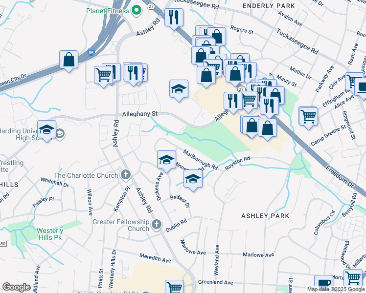 map of restaurants, bars, coffee shops, grocery stores, and more near 3130 Marlborough Road in Charlotte