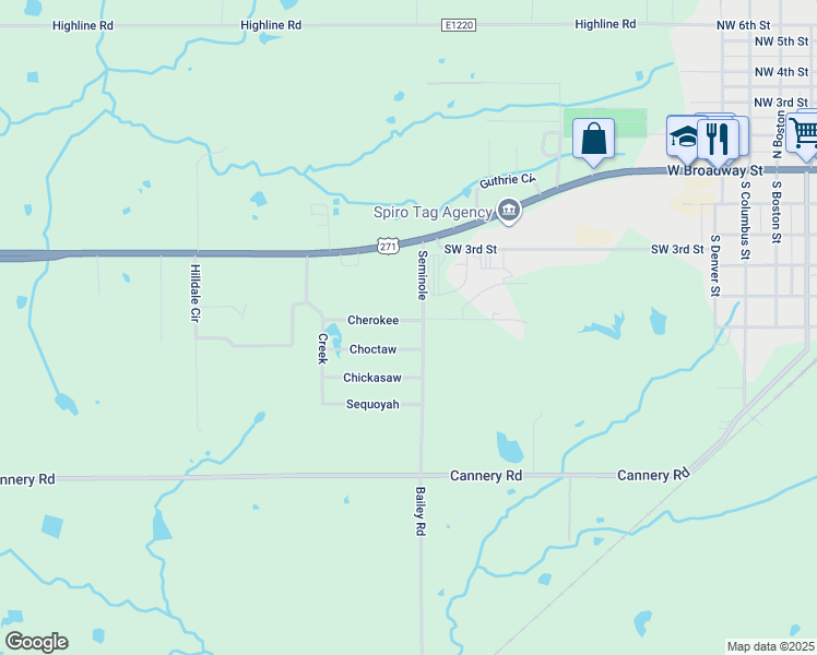 map of restaurants, bars, coffee shops, grocery stores, and more near 1101 Cherokee in Spiro