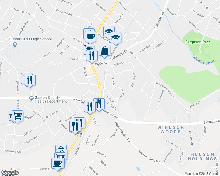 map of restaurants, bars, coffee shops, grocery stores, and more near 2045 Pine Drive in Gastonia