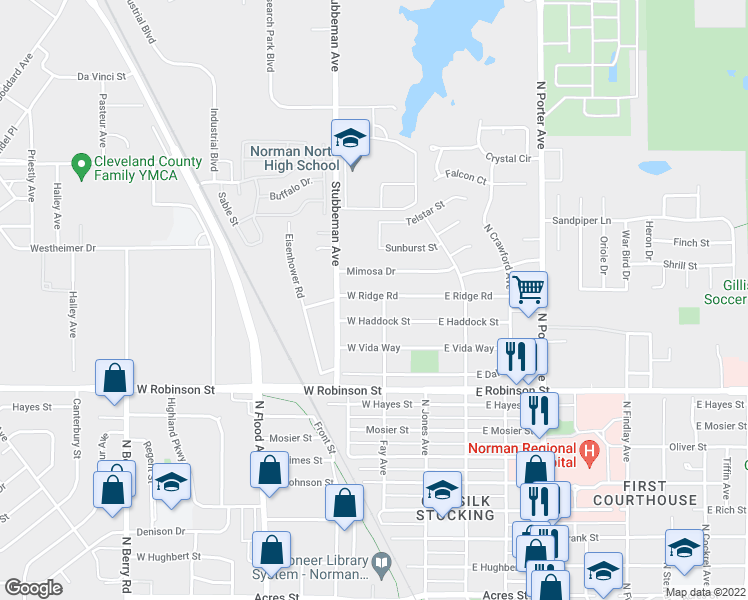 map of restaurants, bars, coffee shops, grocery stores, and more near 208 West Ridge Road in Norman