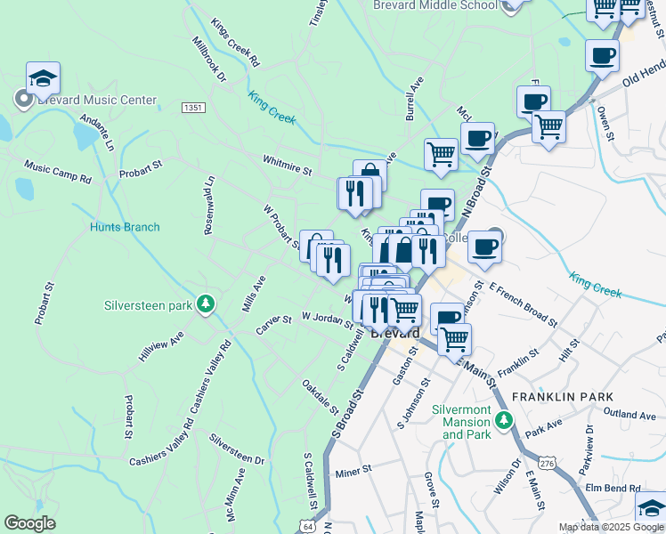 map of restaurants, bars, coffee shops, grocery stores, and more near 170 West Probart Street in Brevard