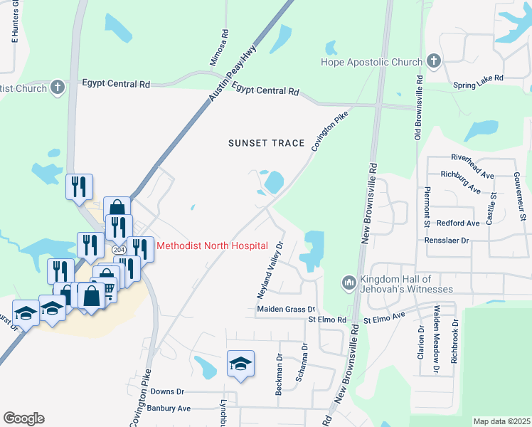 map of restaurants, bars, coffee shops, grocery stores, and more near 4043 Covington Pike in Memphis