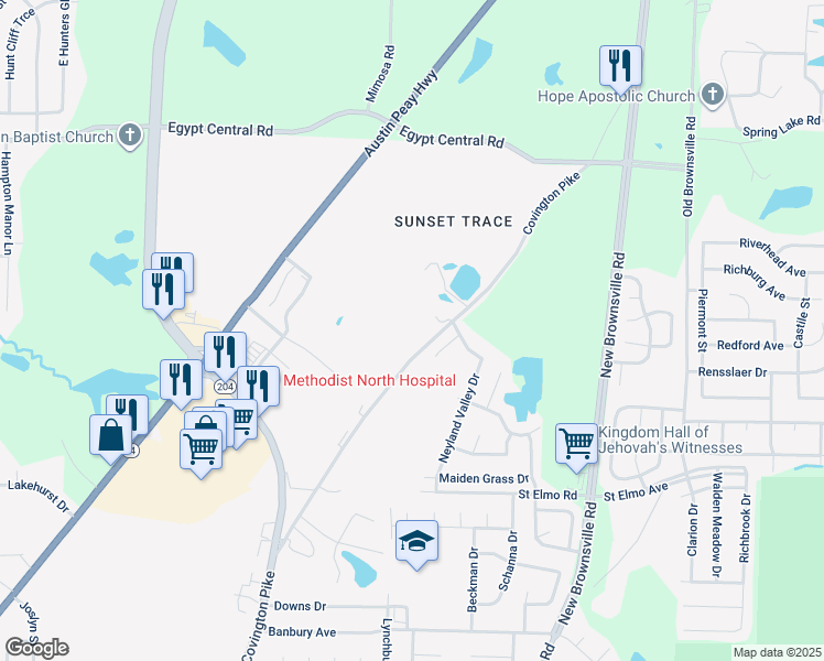map of restaurants, bars, coffee shops, grocery stores, and more near 4043 Covington Pike in Memphis