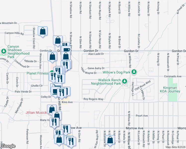 map of restaurants, bars, coffee shops, grocery stores, and more near 2043 John Wayne Drive in Kingman
