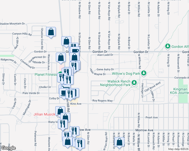 map of restaurants, bars, coffee shops, grocery stores, and more near 2016 John Wayne Drive in Kingman