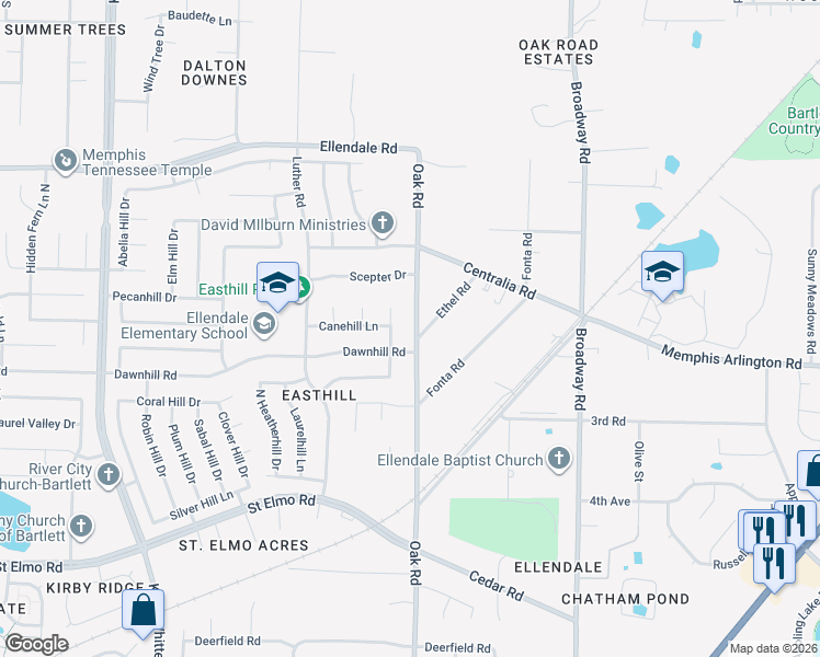 map of restaurants, bars, coffee shops, grocery stores, and more near 4059 Oak Road in Bartlett