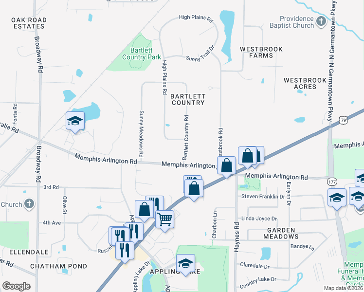 map of restaurants, bars, coffee shops, grocery stores, and more near 4050 High Plains Road in Bartlett