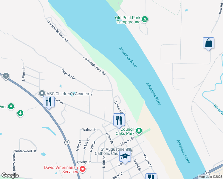map of restaurants, bars, coffee shops, grocery stores, and more near 1606 Ridge Road in Dardanelle