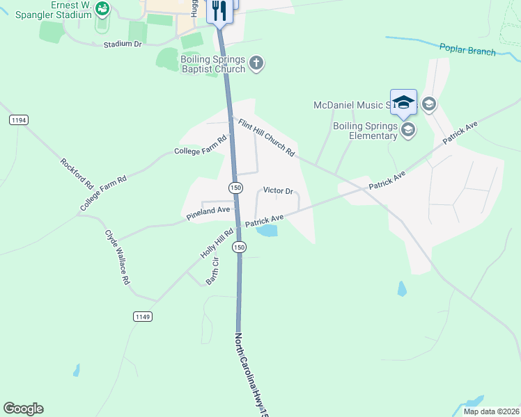 map of restaurants, bars, coffee shops, grocery stores, and more near 105 Bay Court in Shelby