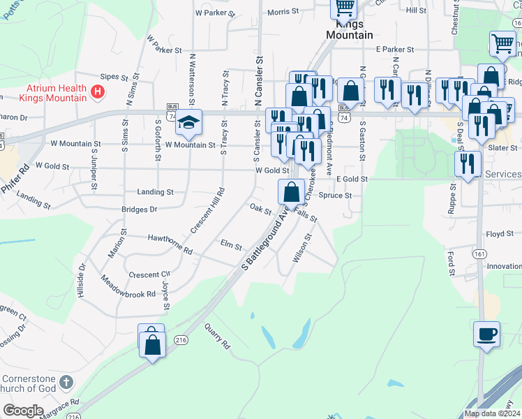 map of restaurants, bars, coffee shops, grocery stores, and more near Oak Street in Kings Mountain