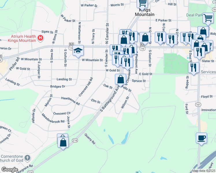map of restaurants, bars, coffee shops, grocery stores, and more near Oak Street in Kings Mountain