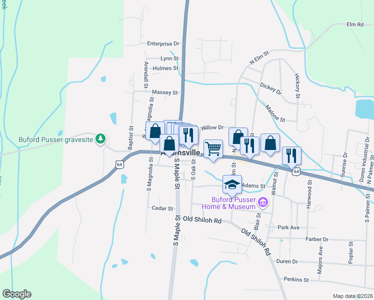 map of restaurants, bars, coffee shops, grocery stores, and more near 130 East Main Street in Adamsville