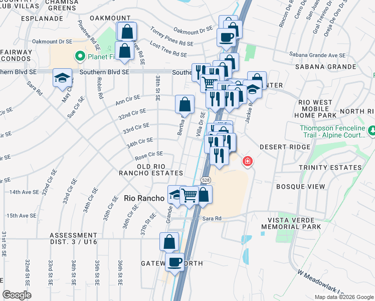map of restaurants, bars, coffee shops, grocery stores, and more near 1303 Villa Drive Southeast in Rio Rancho