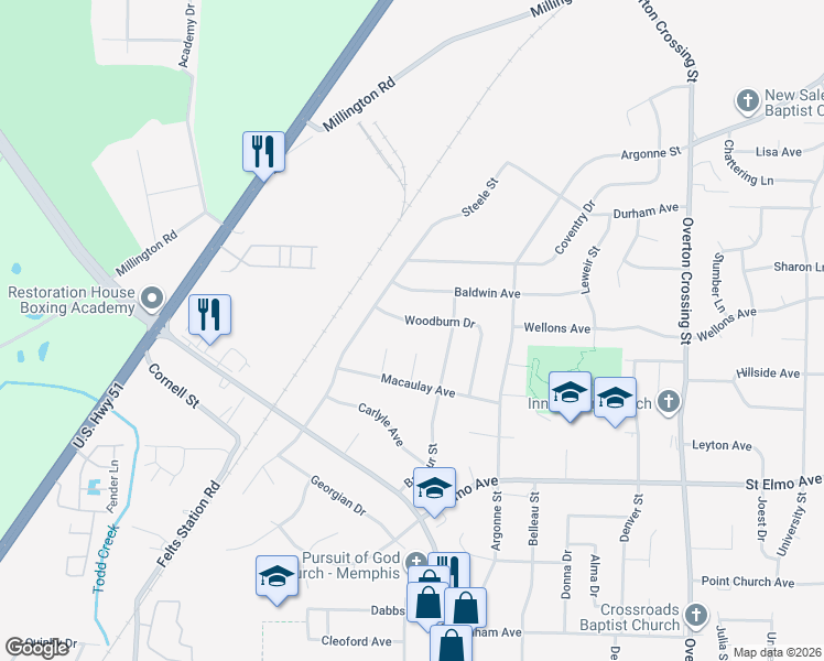 map of restaurants, bars, coffee shops, grocery stores, and more near 1768 Woodburn Drive in Memphis