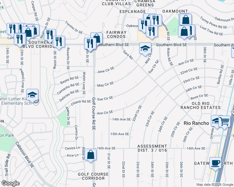 map of restaurants, bars, coffee shops, grocery stores, and more near 3109 Sue Circle Southeast in Rio Rancho