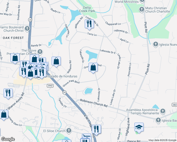 map of restaurants, bars, coffee shops, grocery stores, and more near 6515 Grove Park Boulevard in Charlotte