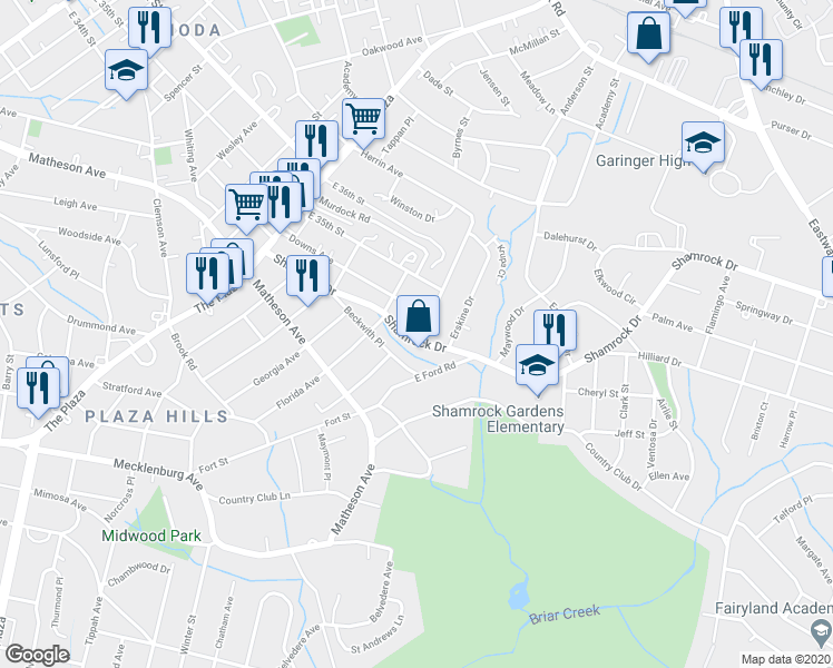 map of restaurants, bars, coffee shops, grocery stores, and more near 1532 Downs Avenue in Charlotte