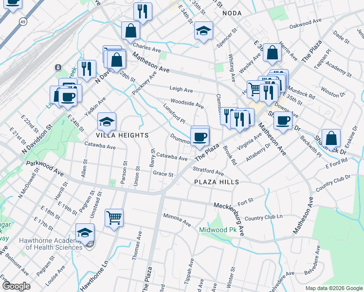 map of restaurants, bars, coffee shops, grocery stores, and more near in Charlotte