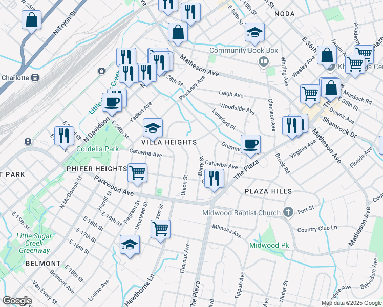 map of restaurants, bars, coffee shops, grocery stores, and more near in Charlotte