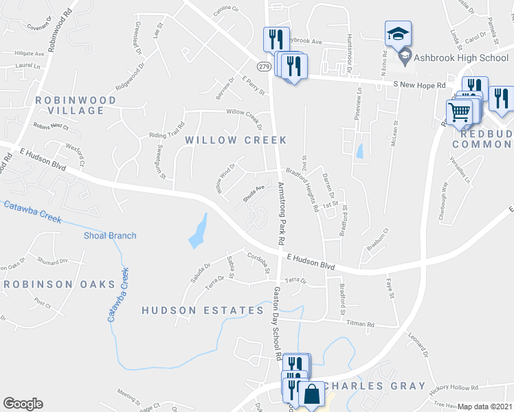 map of restaurants, bars, coffee shops, grocery stores, and more near 2390 H Shuda Avenue in Gastonia
