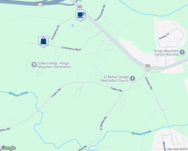 map of restaurants, bars, coffee shops, grocery stores, and more near 132 Yarbro Road in Kings Mountain
