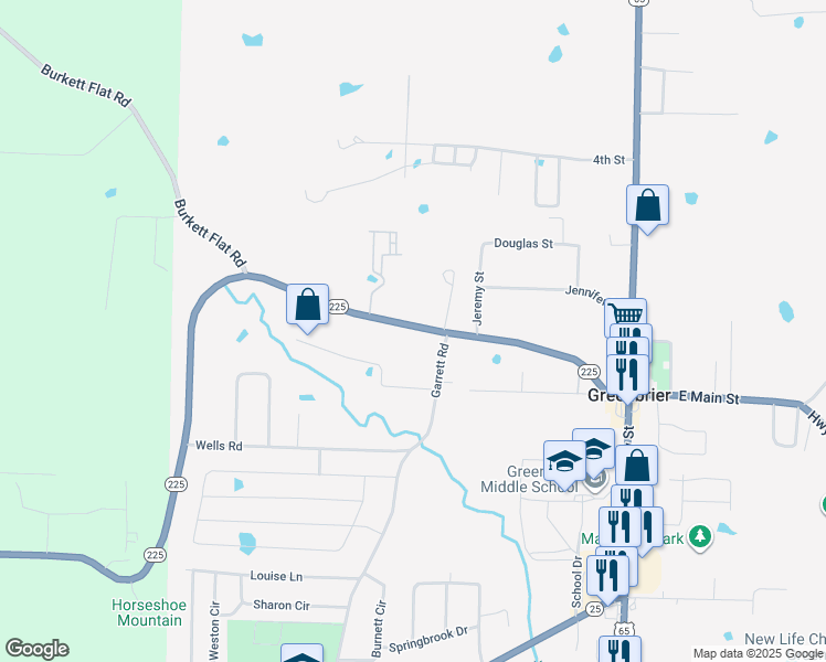 map of restaurants, bars, coffee shops, grocery stores, and more near 44 Mountain Drive in Greenbrier