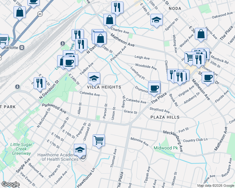 map of restaurants, bars, coffee shops, grocery stores, and more near in Charlotte