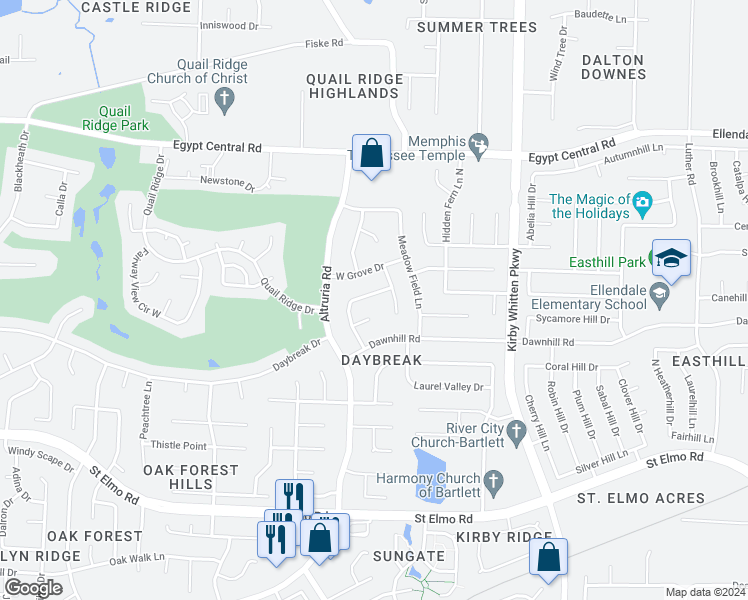 map of restaurants, bars, coffee shops, grocery stores, and more near 6583 Laurel Bluff Court East in Bartlett